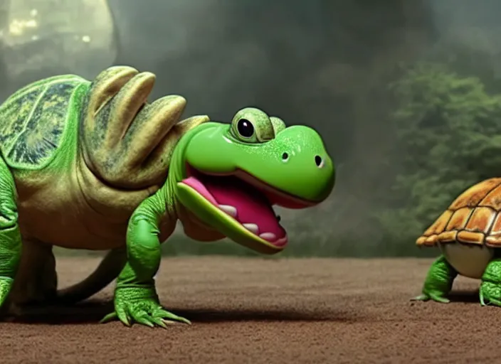 Image similar to film still of yoshi in the new sci - fi movie, cute upright standing upright upright dinosaur standing on its hind legs with a small turtle shell and long tongue, 8 k