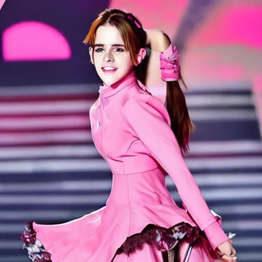 Image similar to Emma Watson as Kpop idol girl group Blackpink; She is dancing on the stage; Wearing girlish Suits