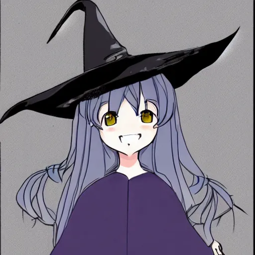 Image similar to an anime drawing of a happy woman in a very large oversized witch hat, anime styled, cute