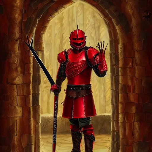Prompt: red knight, fantasy art, located in a castle, legendary spiky armor, red sunlight through the window, decorated, high quality, highly detailed,
