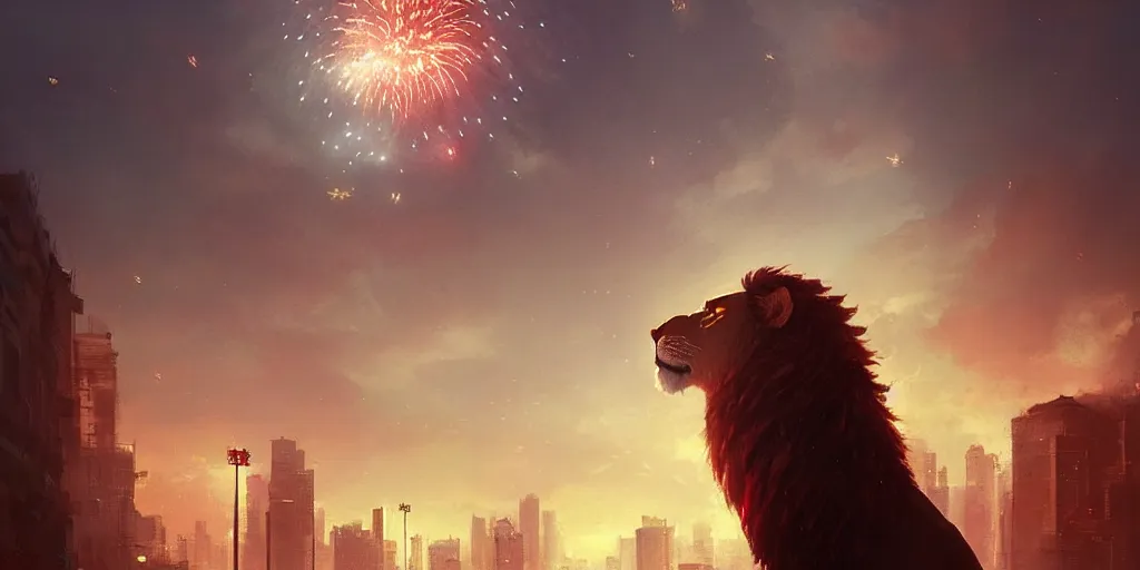 Prompt: Singapore city with a lion-shaped!!!!! cloud in the sky and fireworks in the sky, by greg rutkowski, red and white lighting, digital art, ultra realistic, ultra detailed, photorealistic, 4k, character concept