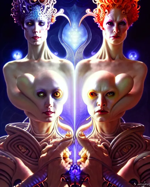 Image similar to a portrait of gemini love and hate fantasy character portrait made of fractals facing each other, ultra realistic, wide angle, intricate details, the fifth element artifacts, highly detailed by peter mohrbacher, hajime sorayama, wayne barlowe, boris vallejo, aaron horkey, gaston bussiere, craig mullins