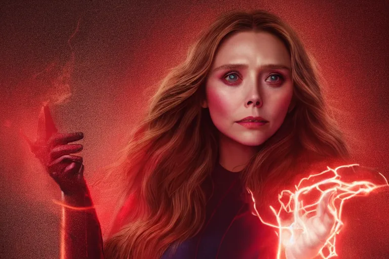 Prompt: movie still of elizabeth olsen as the scarlet witch, standing in the middle of a dark cave, holding red magic from her hands, illuminating the area, full - body portrait, golden ratio!!!!!, centered, trending on artstation, 8 k quality, cgsociety contest winner, artstation hd, artstation hq, luminous lighting