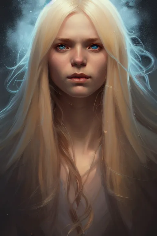 Prompt: Close-up portrait of young nordic girl, long blonde hair, dark fantasy, portrait, highly detailed, digital painting, artstation, concept art, sharp focus, illustration, art by artgerm and greg rutkowski and alphonse mucha