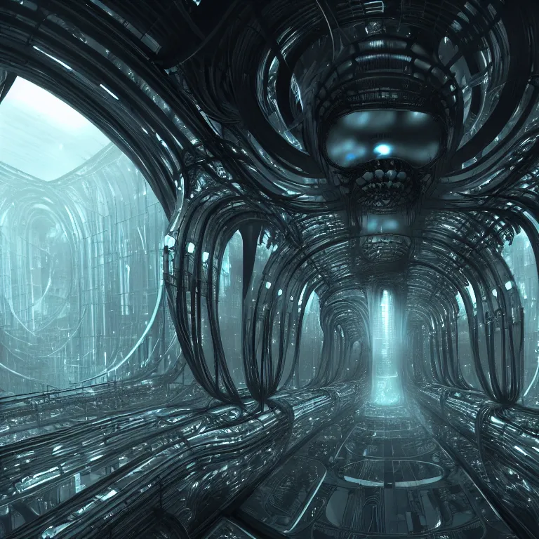 Image similar to sci-fi Prometheus biological corridor, biologic HR Giger style, Alien, Wide angle, featured in artstation, octane render, cinematic, elegant, intricate, 8k