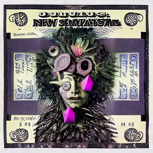 Image similar to post - punk new age album cover, asymmetrical design, dollar bank notes, capitalism, magic, apocalypse, psychedelic, black white pink, magic, giger h. r., giuseppe arcimboldo