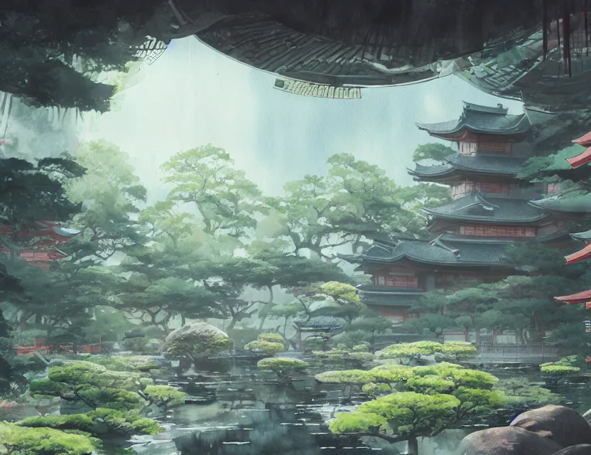 Image similar to japanese garden in a space fortress. this watercolor painting by the award - winning concept artist has cinematic lighting, an interesting color scheme and intricate details.