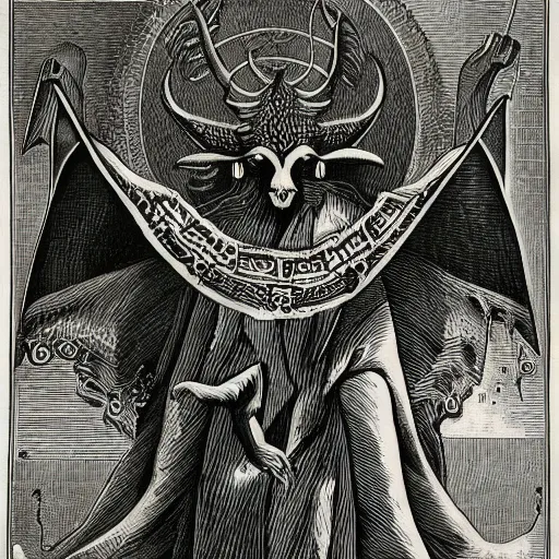 Image similar to baphomet wearing a dark hooded cloak, highly detailed