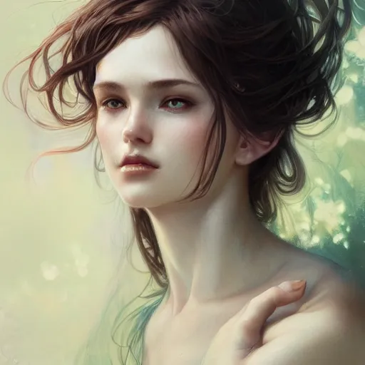 Image similar to portrait of a nymph, D&D, fantasy, highly detailed, digital painting, artstation, smooth, sharp focus, illustration, art by artgerm and greg rutkowski and alphonse mucha