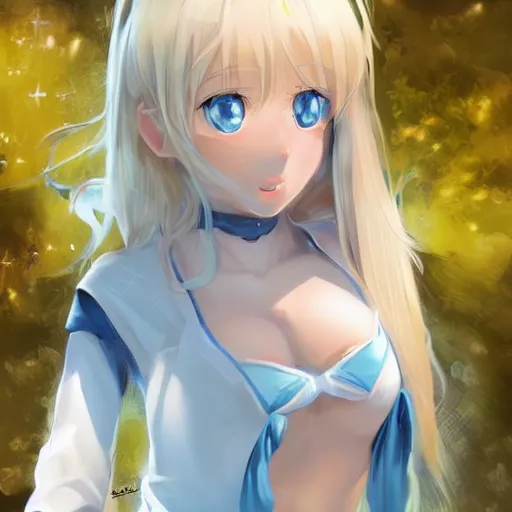 Image similar to tiny father a tall daughter picture : a very beautiful young blond anime girl, sky blue eyes, bikini, white miniskirt, highly detailed, cinematic wallpaper by stanley artgerm lau