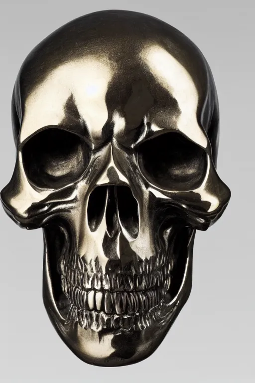 Image similar to opened head showing part of the silver skull sculpture by bernini and hedi xandt made with black marble with partial gold plating, realistic