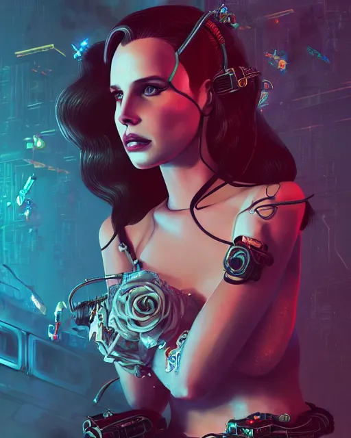 Image similar to portrait of lana del rey as a cyberpunk cyborg. sci - fi intricate abstract upper body intricate artwork, roses, rose petals by tooth wu, wlop, beeple, dan mumford. concept art, octane render, trending on artstation, greg rutkowski, asymmetrical, cinematic arthouse, key art, hyper realism, iridescent accents