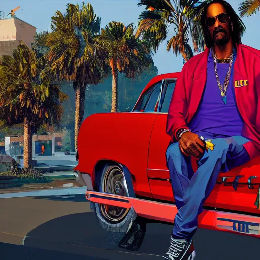 Image similar to snoop dog in gta v, cover art by stephen bliss, artstation, no text