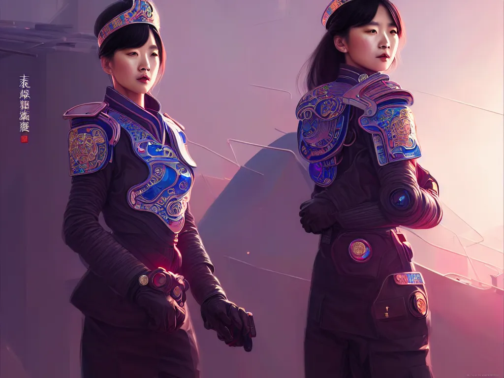 Image similar to portrait futuristic china police uniform female, at future neon light rooftop, ssci - fi and fantasy, intricate and very very beautiful and elegant, highly detailed, digital painting, artstation, concept art, smooth and sharp focus, illustration, art by tan zi and ayanamikodon and alphonse mucha and wlop