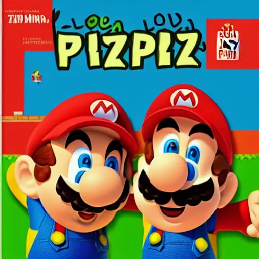 Prompt: pizzeria pizza box featuring super mario and luigi