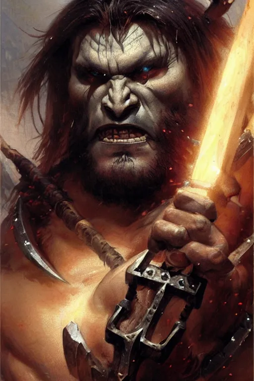 Image similar to tattooed, muscled half - orc barbarian champion with a full dark beard and steely eyes surrounded by spirits wielding a jagged axe portrait dnd, painting by gaston bussiere, craig mullins, greg rutkowski, yoji shinkawa