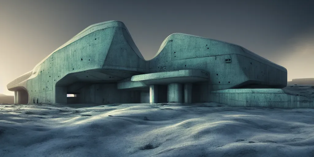 Prompt: sci - fi concrete brutalist architecture in an snowy sprawling nordic landscape, zaha hadid, beksinski, photoreal, highly detailed, 8 k, hd, vray, artstation, trending on behance, cinematic matte painting, extreme detail photo quality, green moss, sunrays, sunset, featured on behance