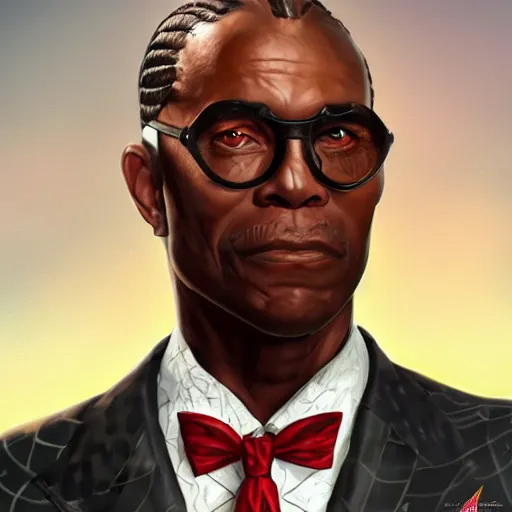 Image similar to a portrait of a muscular older black man with cornrows and a suit with a monocle on, D&D, sci-fi, elegant, hopeful, muscular, highly detailed, digital painting, artstation, concept art, smooth, sharp focus, illustration