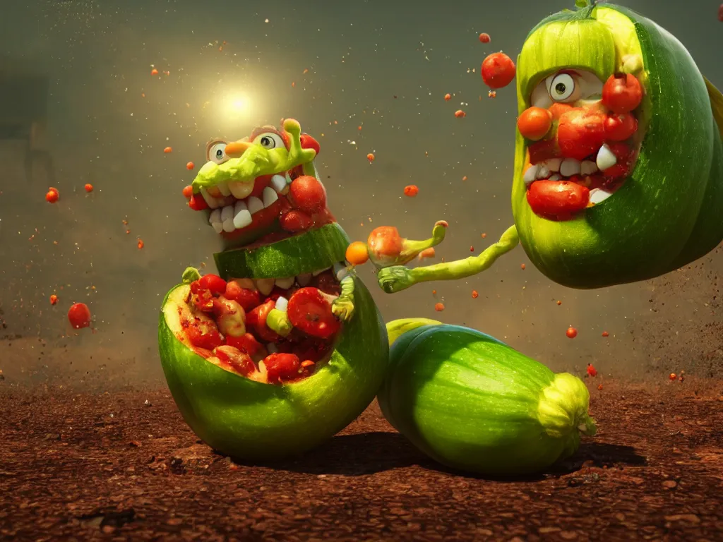 Image similar to detailed 3 d render of a raging zucchini character with peeler tool running on dirt road, scared tomates scattered everywhere, high speed action, explosions, dramatic scene, hyper realistic octane render, cinematic lighting, splatter, deviantart, black sky, lowbrow, frame from pixar movie