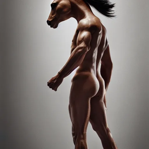 Prompt: a portrait of a beautiful athletic young male unicentaur , photographed by erwin olaf, artistic