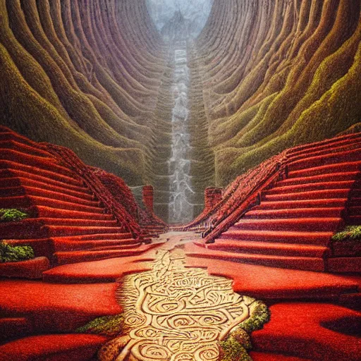 Prompt: intricate stunning highly detailed illustration of the inca lost city of gold, red 🌱, by agostino arrivabene and vladimir kush, blood blood blood rivers running through stairs, surreal, digital painting, ultra realistic, dramatic lighting, twisted vines, lush plants, gold, inca, pristine water, artstation