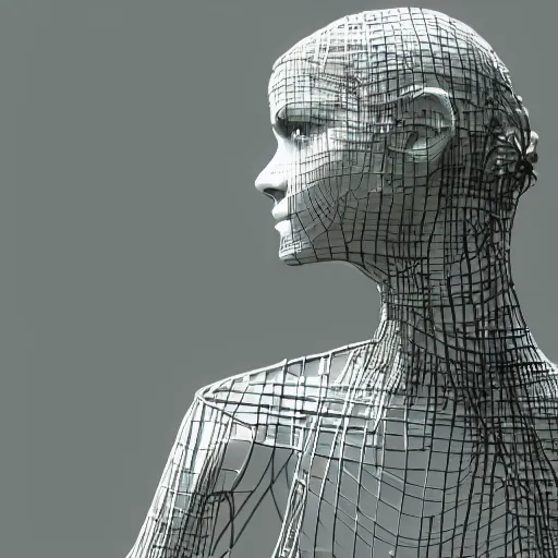 Image similar to emma watson, statue, chrome, reflect, wireframe, photograph