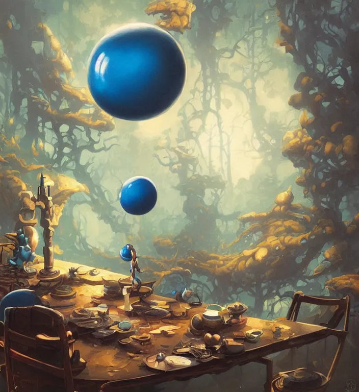 Prompt: a blue ball on a table, artwork by Peter Mohrbacher and Dan Mumford