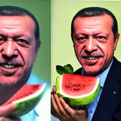 Image similar to recep tayyip erdogan smiling holding watermelon for a 1 9 9 0 s sitcom tv show, studio photograph, portrait c 1 2. 0