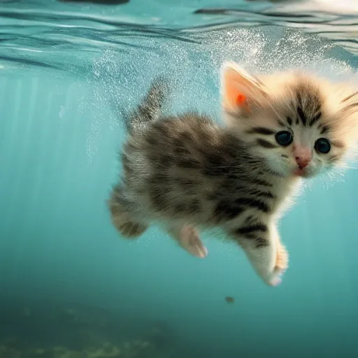 Image similar to a cute baby kitten swimming underwater trying to catch a fish, (((water bubbles))), award-winning photograph, national geographic, 8K UHD