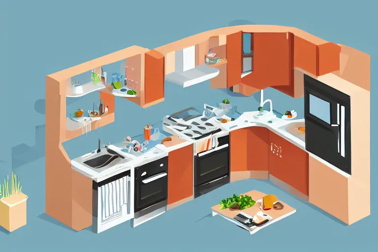Prompt: cute kitchen, refrigerator, sink, isometric art, bright, artstation, highly detailed