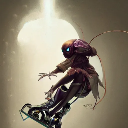 Image similar to a spider is rollerskating, rollerskates, highly detailed, digital painting, artstation, concept art, smooth, sharp focus, illustration, art by artgerm and greg rutkowski and alphonse mucha