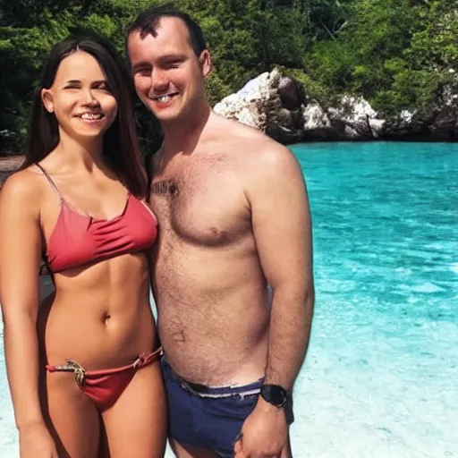 Image similar to photo of a 4 0 year old man that looks young for his age dating a very attractive 2 2 year old woman wearing a bikini. they in a college dorm.