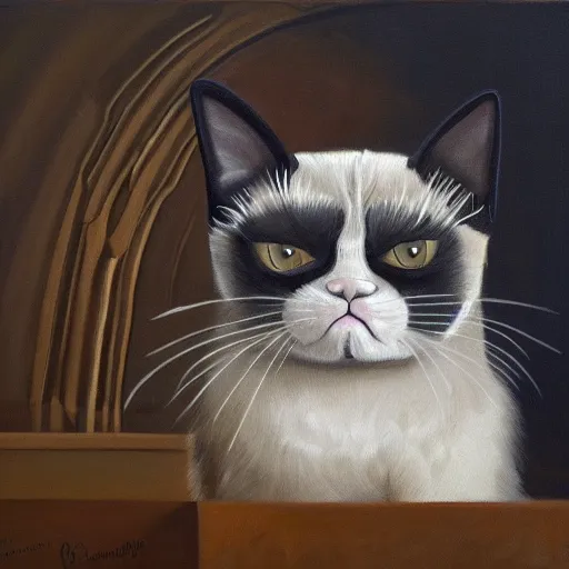 Image similar to grumpy cats emotional state is apparently the only constant in this world, deep emotional resignation of a programmer, oil on canvas 2022