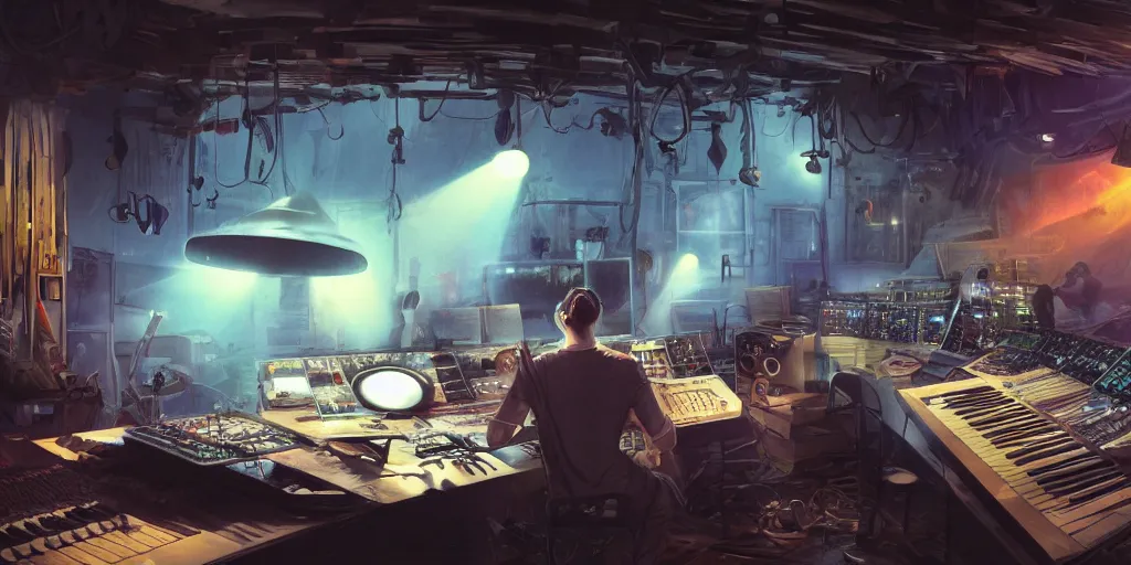 Prompt: an environmental concept art of a diskjockey in a cluttered producer studio, highly detailed, cinematic, dramatic lighting, close shot by francis tneh