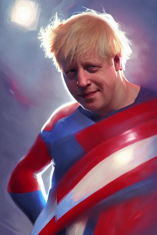 Image similar to Boris Johnson as Captain Britain, portrait, highly detailed, digital painting, artstation, concept art, smooth, sharp focus, soft volumetric lights, illustration, cinematic lighting, art by artgerm and greg rutkowski and alphonse mucha