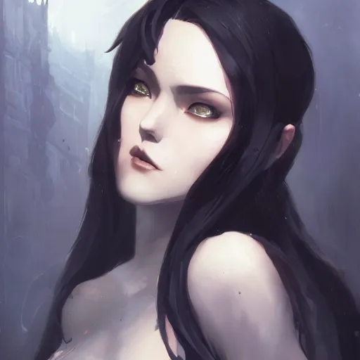 Image similar to female human vampire witch in the style of greg rutkowski, makoto shinkai, trending on artstation, character design, concept art, pretty face, highly detailed, long black hair, portrait, digital art