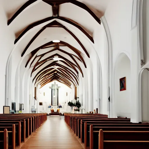 Prompt: a Church interior with white walls and wood floor