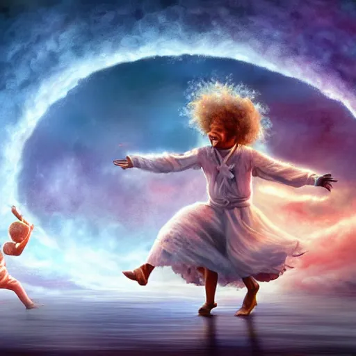 Image similar to Michal jackson dancing with a little kid in heaven, cinematic, beautiful digital painting, hyper detailed