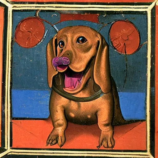 Image similar to medieval painting of the depths of hell see in the opened mouth of a gigantic dachshund,