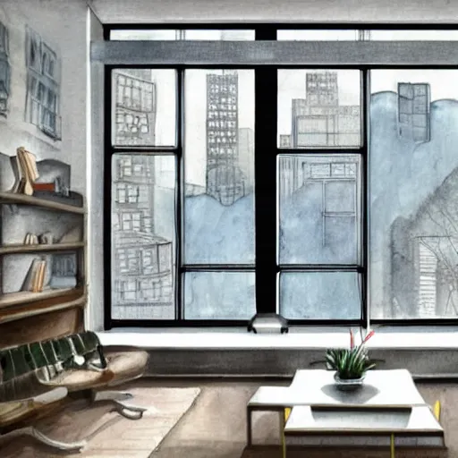 Prompt: modern loft overlooking central park in a blizzard, in watercolor gouache detailed paintings, moebius, blueprint, art nouveau