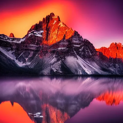 Image similar to amazing landscape photo of mountains with lake in sunset by marc adamus, beautiful dramatic lighting