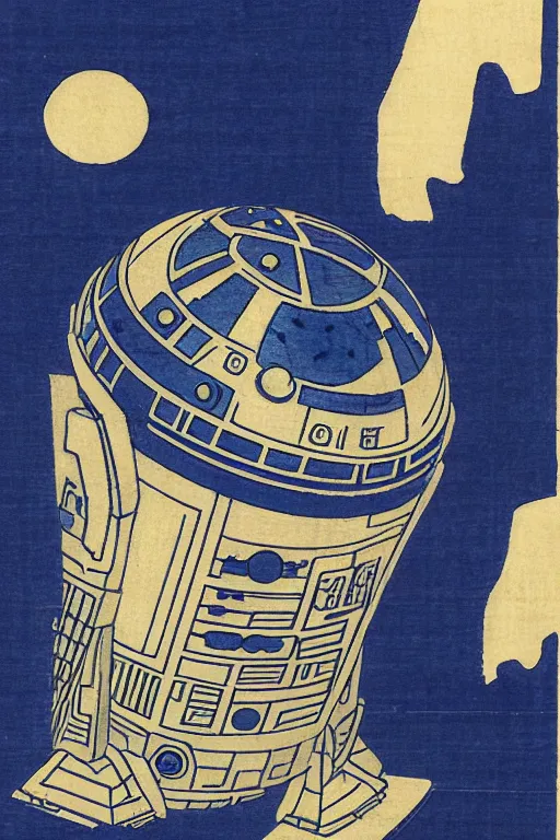 Image similar to Japanese woodblock print of r2d2, hokusai