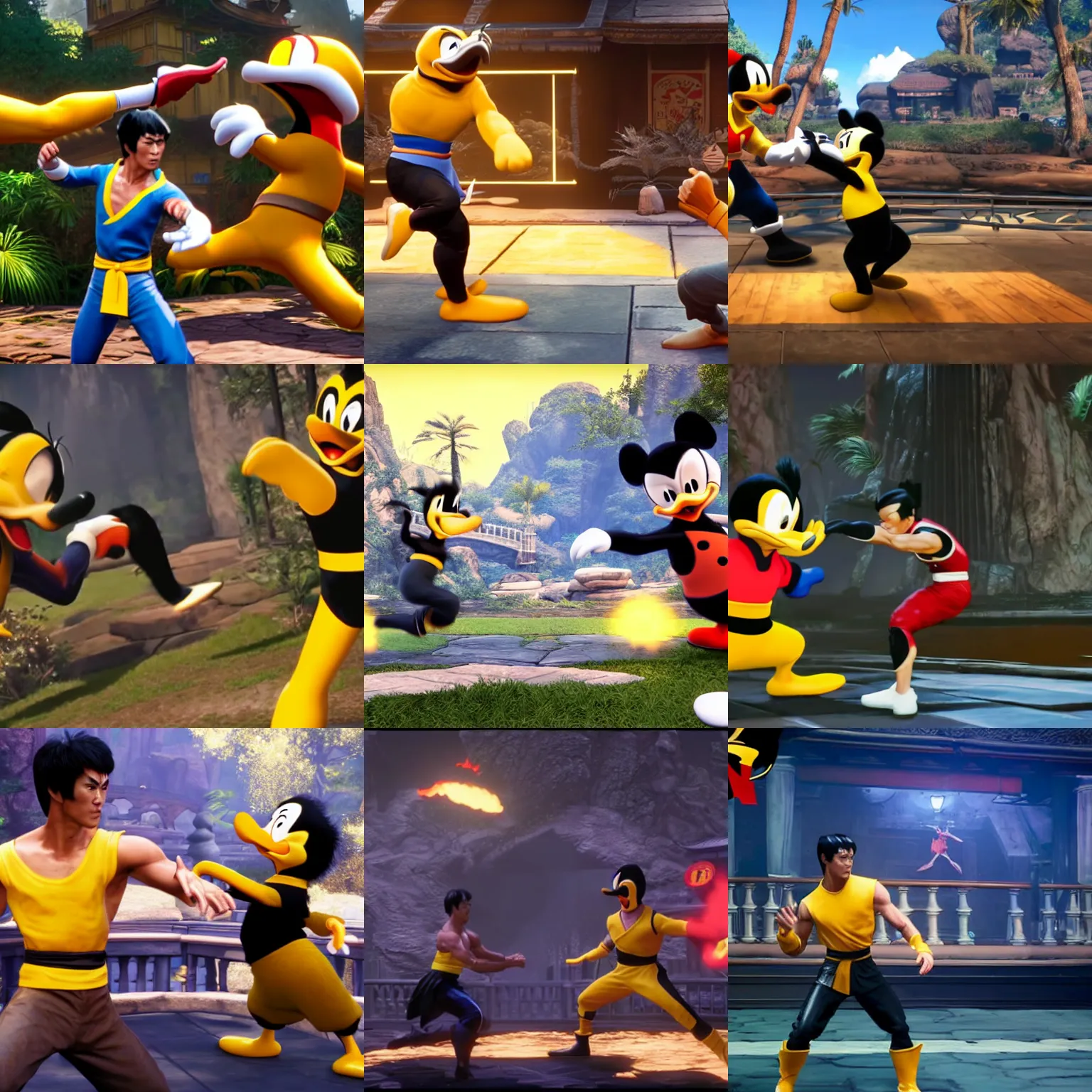 Prompt: gameplay screenshot of bruce lee vs disneys donald duck in mortal kombat 1 1,