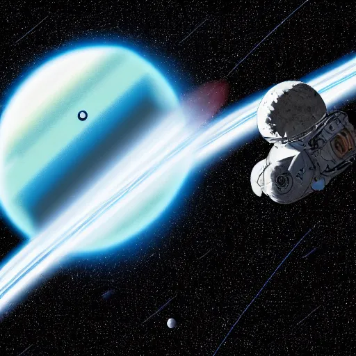 Image similar to A planet being eaten by a black hole. A space station orbits around the planet observing. A ship leaves the space station fleeing the black hole. Highly detailed. Digital illustration.