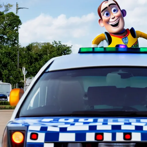 Image similar to a photograph of buzz lightyear in the Back of a police car