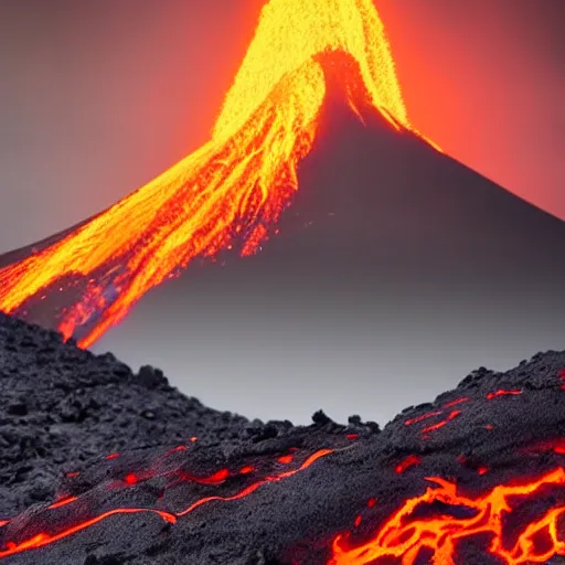 Prompt: a baby magma creature made of rock and lava, photography, dark grey and orange colours, volcano in the background, detailed
