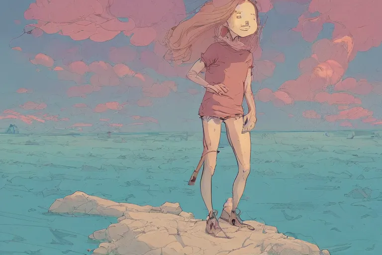 Prompt: a study of cell shaded cartoon of a girl standing on a beach, illustration, wide shot, subtle colors, post grunge, concept art by josan gonzales and wlop, by james jean, Victo ngai, David Rubín, Mike Mignola, Laurie Greasley, highly detailed, sharp focus, alien, Trending on Artstation, HQ, deviantart, art by artgem