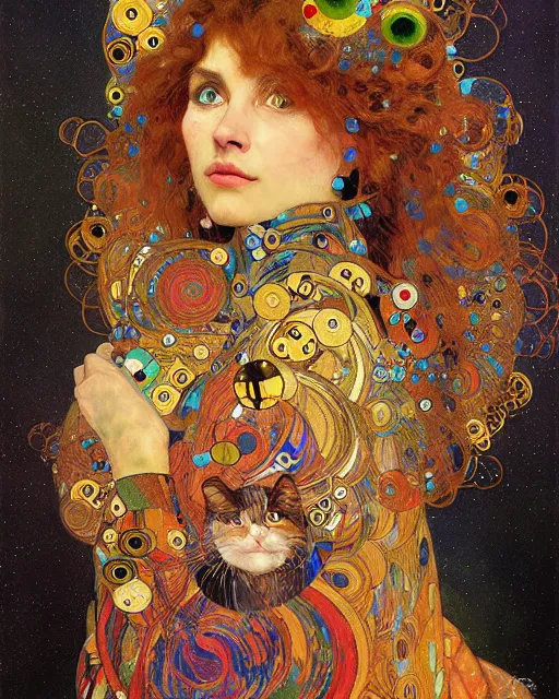 Prompt: doctor cat portrait an oil painting splashes with many colors and shapes by gustav klimt greg rutkowski and alphonse mucha, polycount, generative art, psychedelic, fractalism, glitch art
