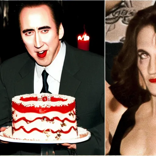 Image similar to nicholas cage holding a birthday cake, vampire's kiss