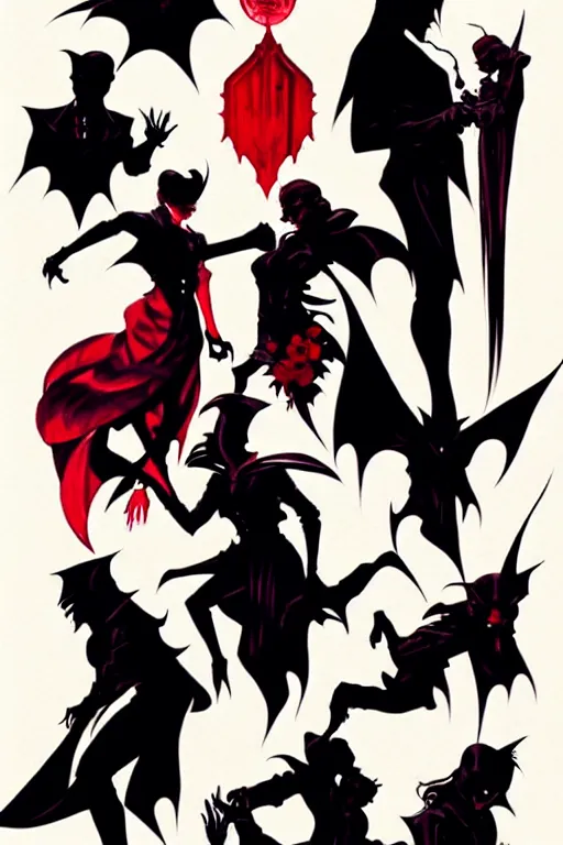 Image similar to concept art design illustration, vampire silhouette!!, 1 6 colors, logo, ink drawing, art by jc leyendecker and sachin teng